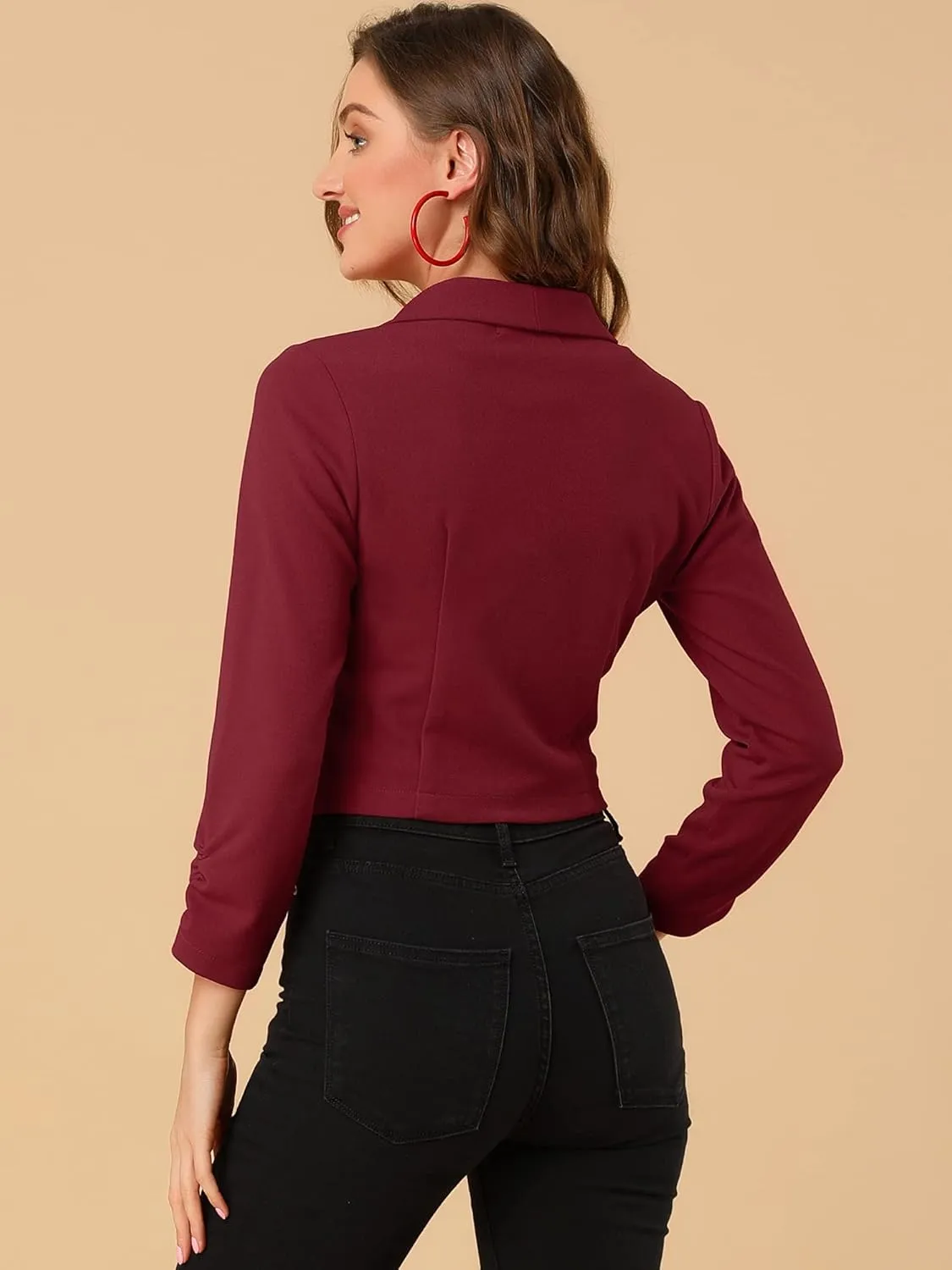 Allegra K Women's Notched Lapel Ruched Sleeve Jackets Business Cropped Blazer