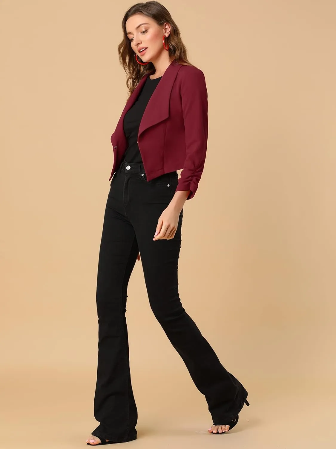 Allegra K Women's Notched Lapel Ruched Sleeve Jackets Business Cropped Blazer