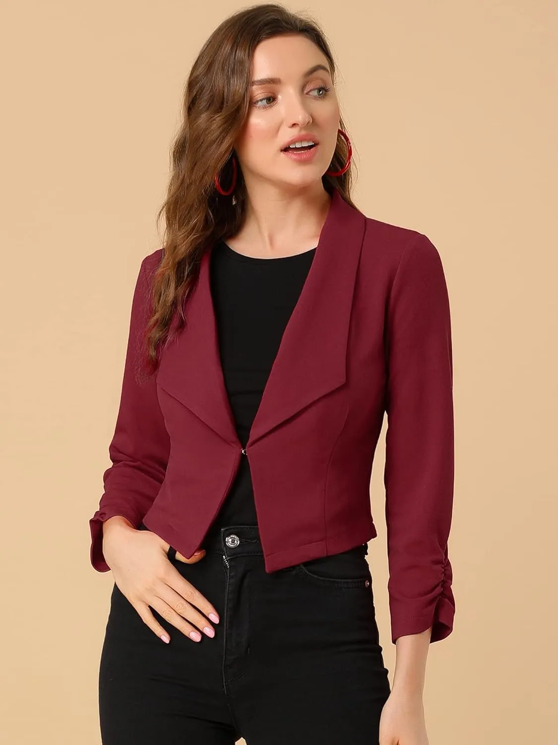 Allegra K Women's Notched Lapel Ruched Sleeve Jackets Business Cropped Blazer