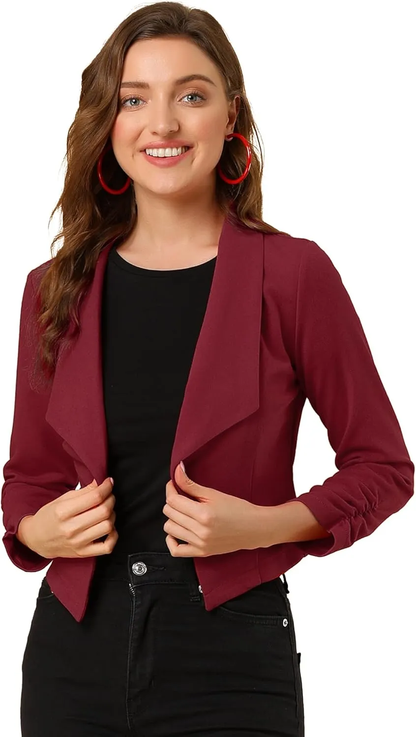 Allegra K Women's Notched Lapel Ruched Sleeve Jackets Business Cropped Blazer