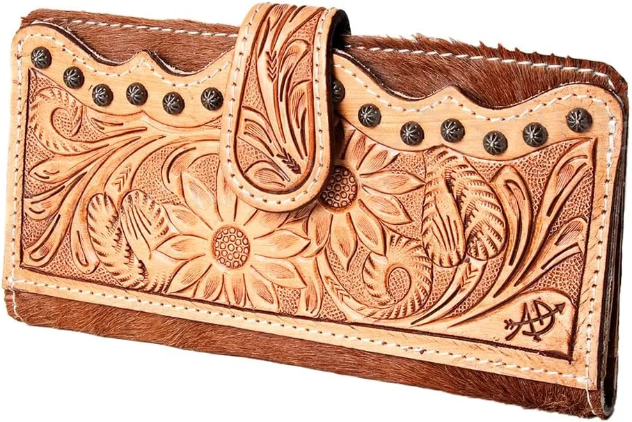 American Darling ADBG487BR Wallet Hand Tooled Hair On Genuine Leather Women Bag Western Handbag Purse