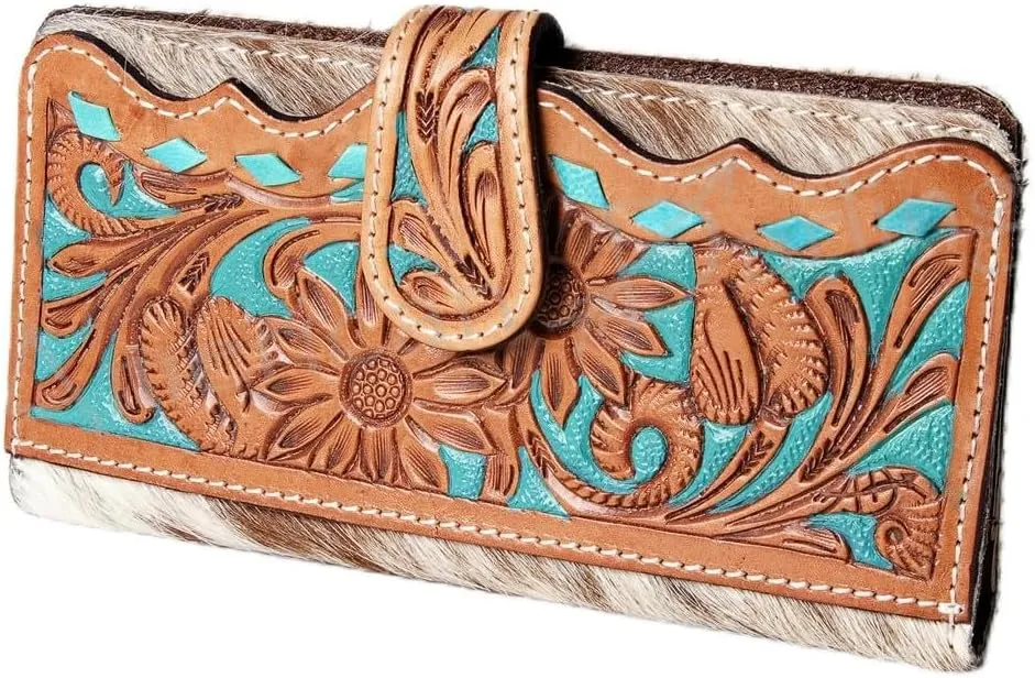 American Darling ADBG487BR Wallet Hand Tooled Hair On Genuine Leather Women Bag Western Handbag Purse