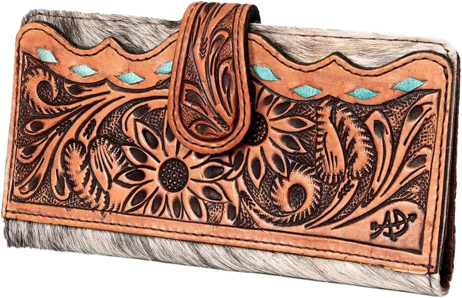 American Darling ADBG487BR Wallet Hand Tooled Hair On Genuine Leather Women Bag Western Handbag Purse