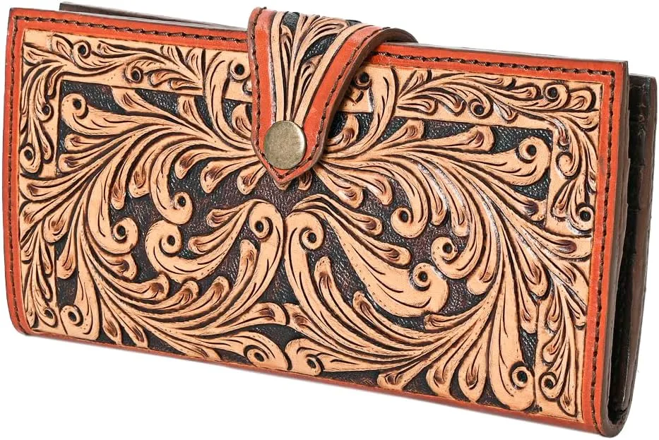 American Darling Women's Multi-colored Western Theme Hand Tooled Genuine Leather Clutch Handbag | 5in X 8in | Classic Style | Zipper Closure