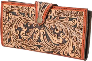 American Darling Women's Multi-colored Western Theme Hand Tooled Genuine Leather Clutch Handbag | 5in X 8in | Classic Style | Zipper Closure