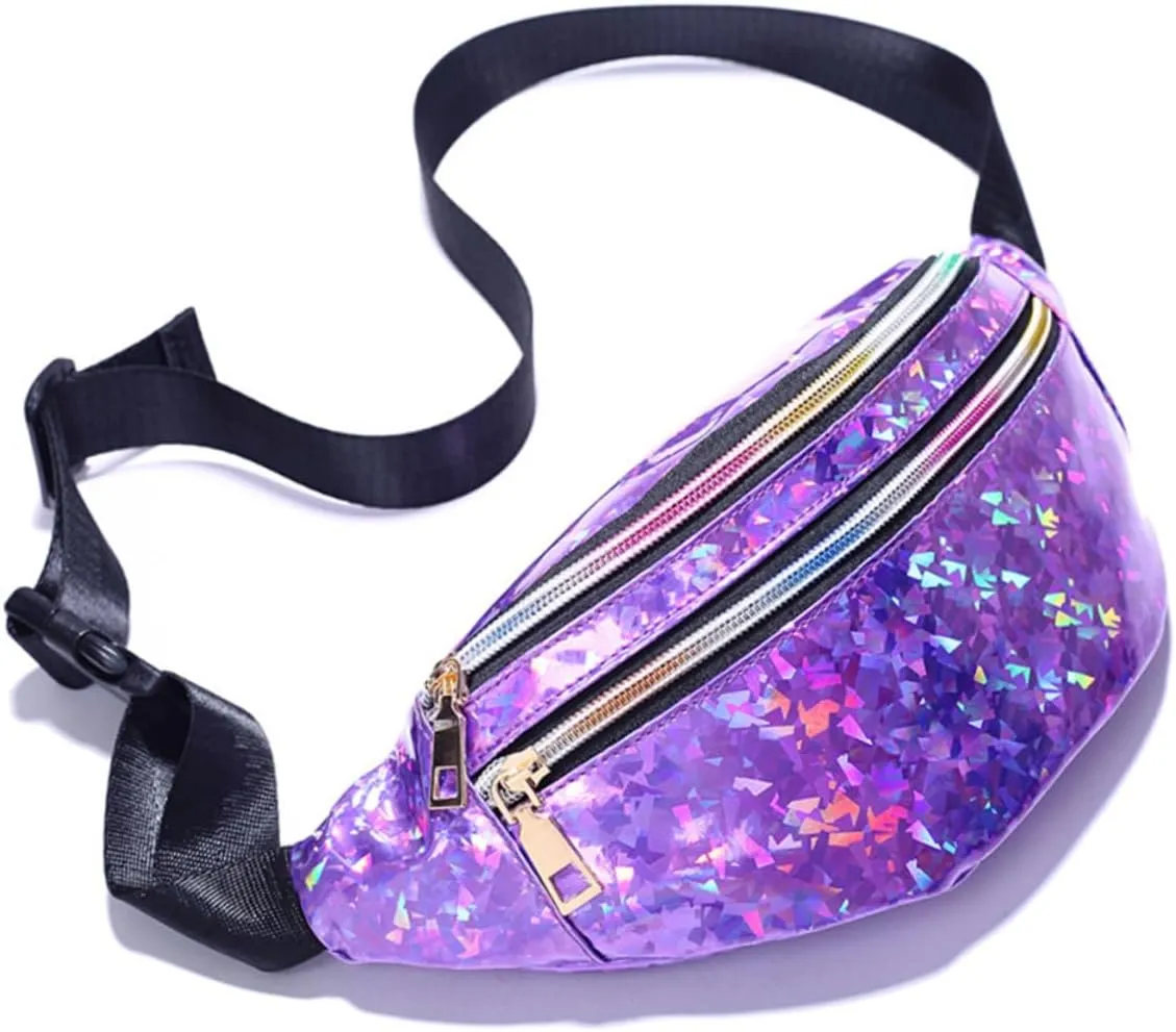 Amosfun 2pcs Pu Leather Women's Fanny Pack Sequin Waist Pouch Crossbody Bag for Outdoor Travel Reflective Design Purple