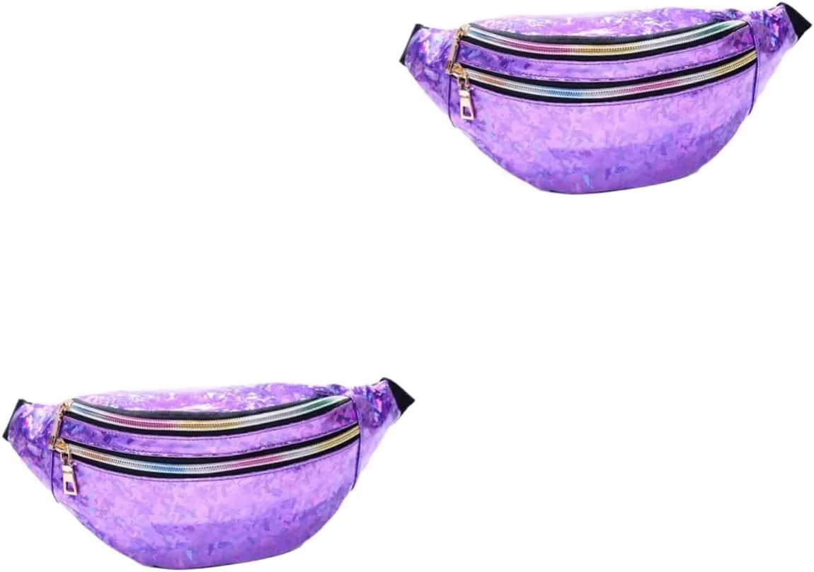 Amosfun 2pcs Pu Leather Women's Fanny Pack Sequin Waist Pouch Crossbody Bag for Outdoor Travel Reflective Design Purple