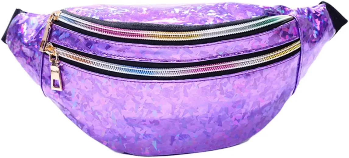 Amosfun 2pcs Pu Leather Women's Fanny Pack Sequin Waist Pouch Crossbody Bag for Outdoor Travel Reflective Design Purple