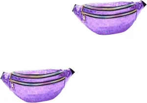 Amosfun 2pcs Pu Leather Women's Fanny Pack Sequin Waist Pouch Crossbody Bag for Outdoor Travel Reflective Design Purple