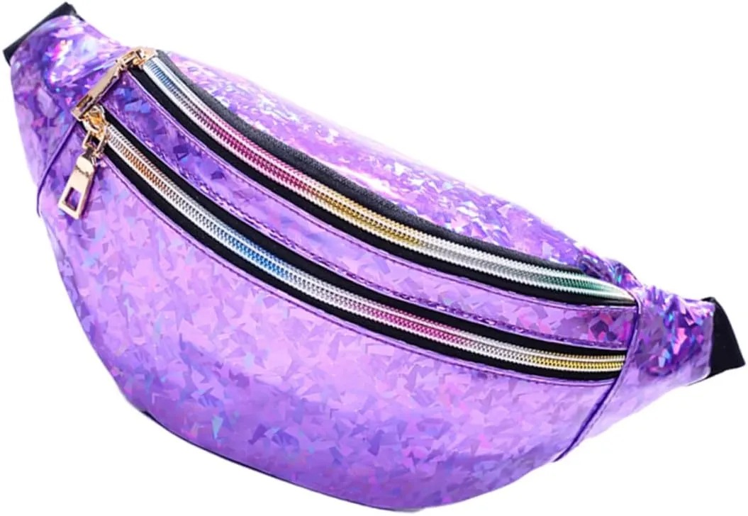 Amosfun 2pcs Pu Leather Women's Fanny Pack Sequin Waist Pouch Crossbody Bag for Outdoor Travel Reflective Design Purple