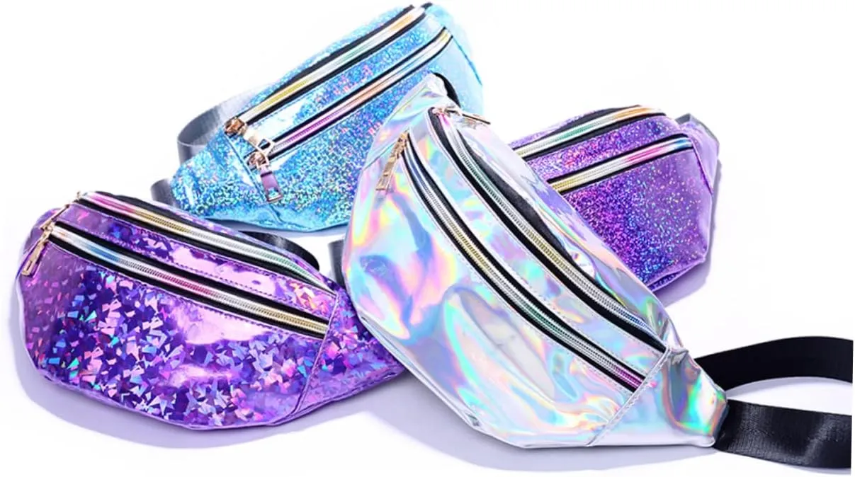 Amosfun 2pcs Pu Leather Women's Fanny Pack Sequin Waist Pouch Crossbody Bag for Outdoor Travel Reflective Design Purple