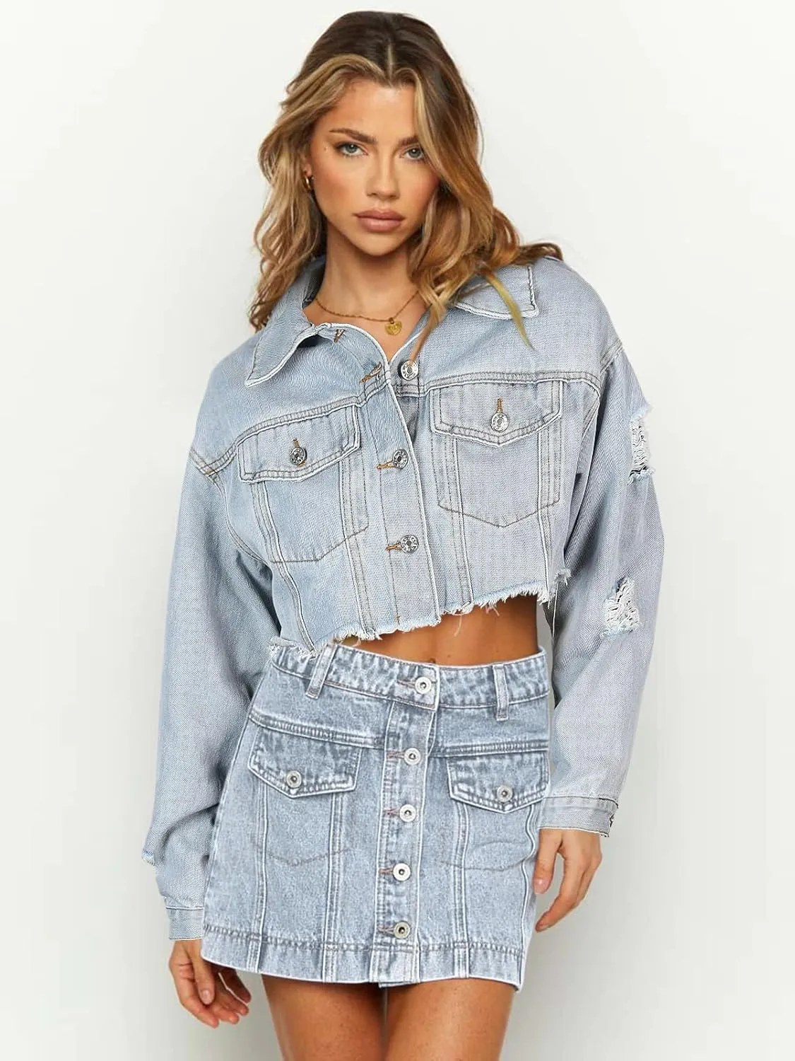 andy & natalie Women's Cropped Jean Jacket Fashion Frayed Hem Denim Jacket Long Sleeve Dressy Button Down Outfit Jackets