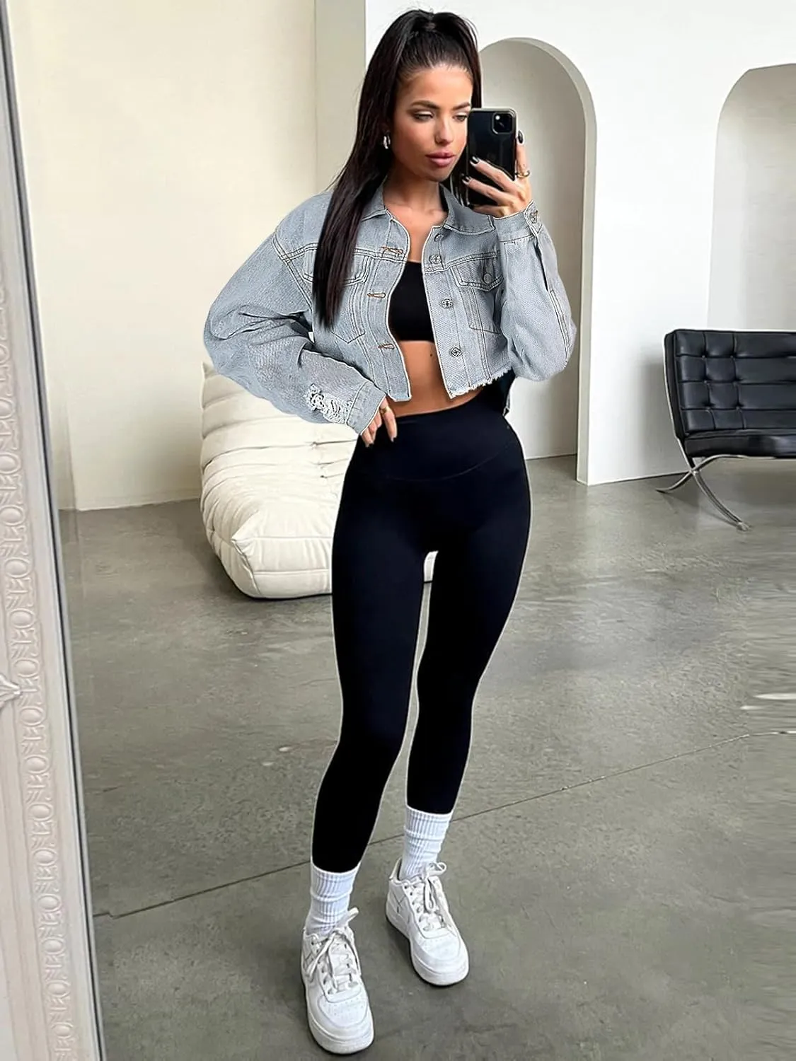 andy & natalie Women's Cropped Jean Jacket Fashion Frayed Hem Denim Jacket Long Sleeve Dressy Button Down Outfit Jackets