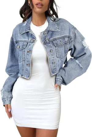 andy & natalie Women's Cropped Jean Jacket Fashion Frayed Hem Denim Jacket Long Sleeve Dressy Button Down Outfit Jackets