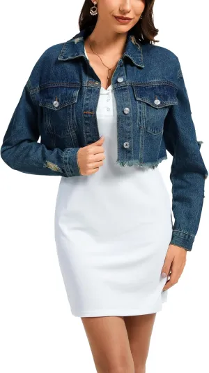 andy & natalie Women's Cropped Jean Jacket Fashion Frayed Hem Denim Jacket Long Sleeve Dressy Button Down Outfit Jackets