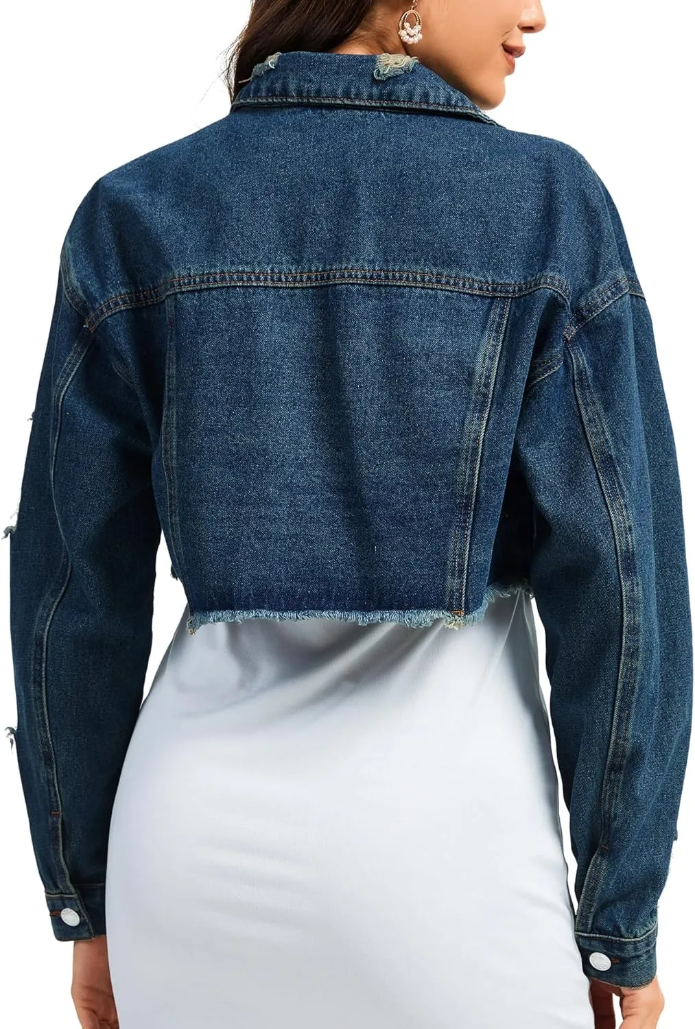 andy & natalie Women's Cropped Jean Jacket Fashion Frayed Hem Denim Jacket Long Sleeve Dressy Button Down Outfit Jackets