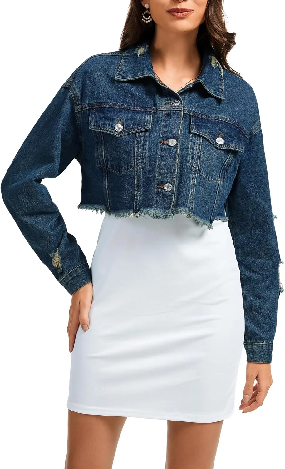 andy & natalie Women's Cropped Jean Jacket Fashion Frayed Hem Denim Jacket Long Sleeve Dressy Button Down Outfit Jackets