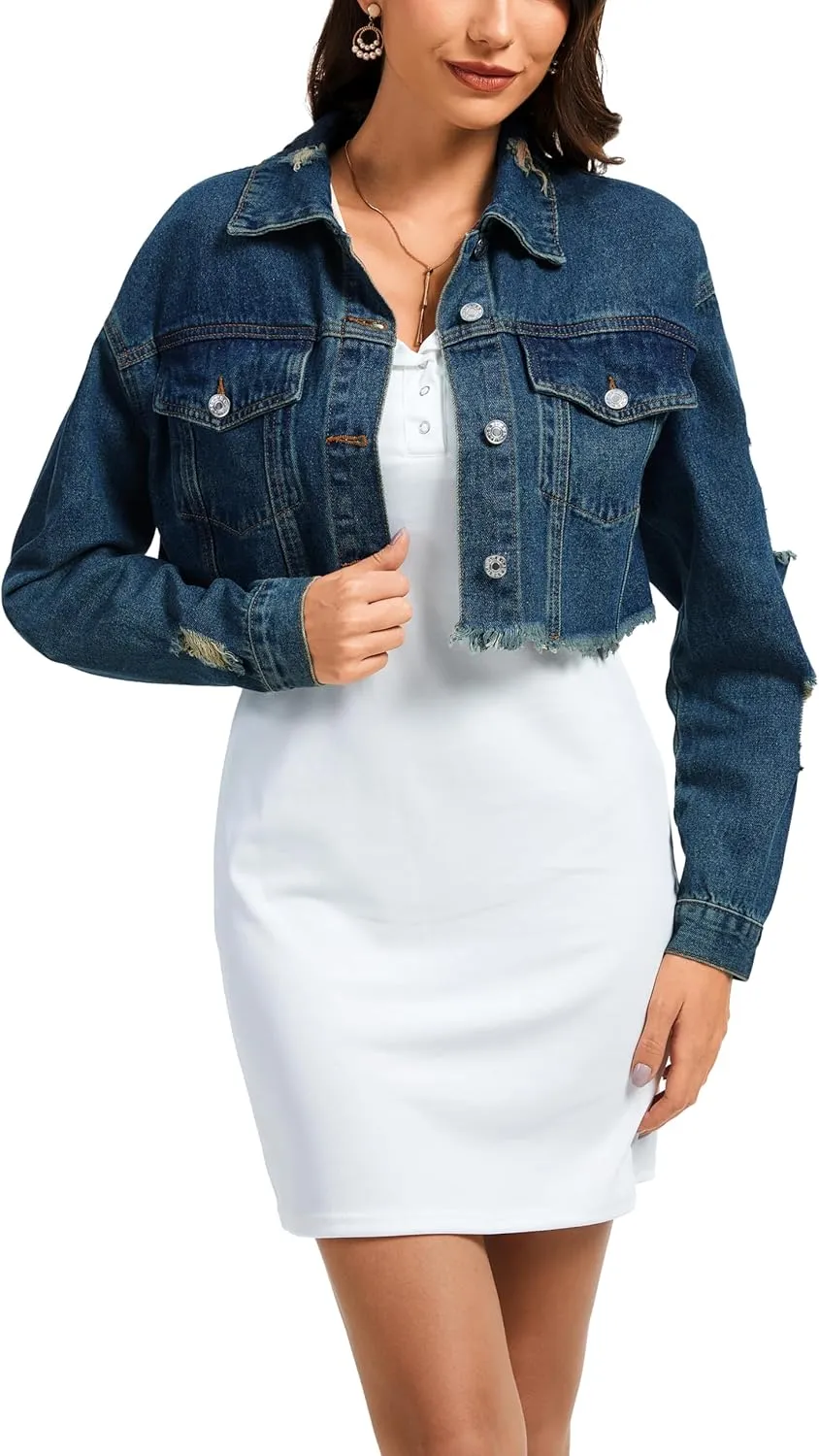 andy & natalie Women's Cropped Jean Jacket Fashion Frayed Hem Denim Jacket Long Sleeve Dressy Button Down Outfit Jackets
