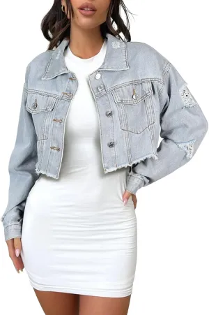 andy & natalie Women's Cropped Jean Jacket Fashion Frayed Hem Denim Jacket Long Sleeve Dressy Button Down Outfit Jackets