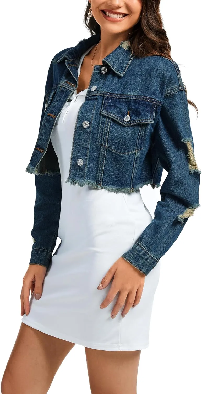 andy & natalie Women's Cropped Jean Jacket Fashion Frayed Hem Denim Jacket Long Sleeve Dressy Button Down Outfit Jackets