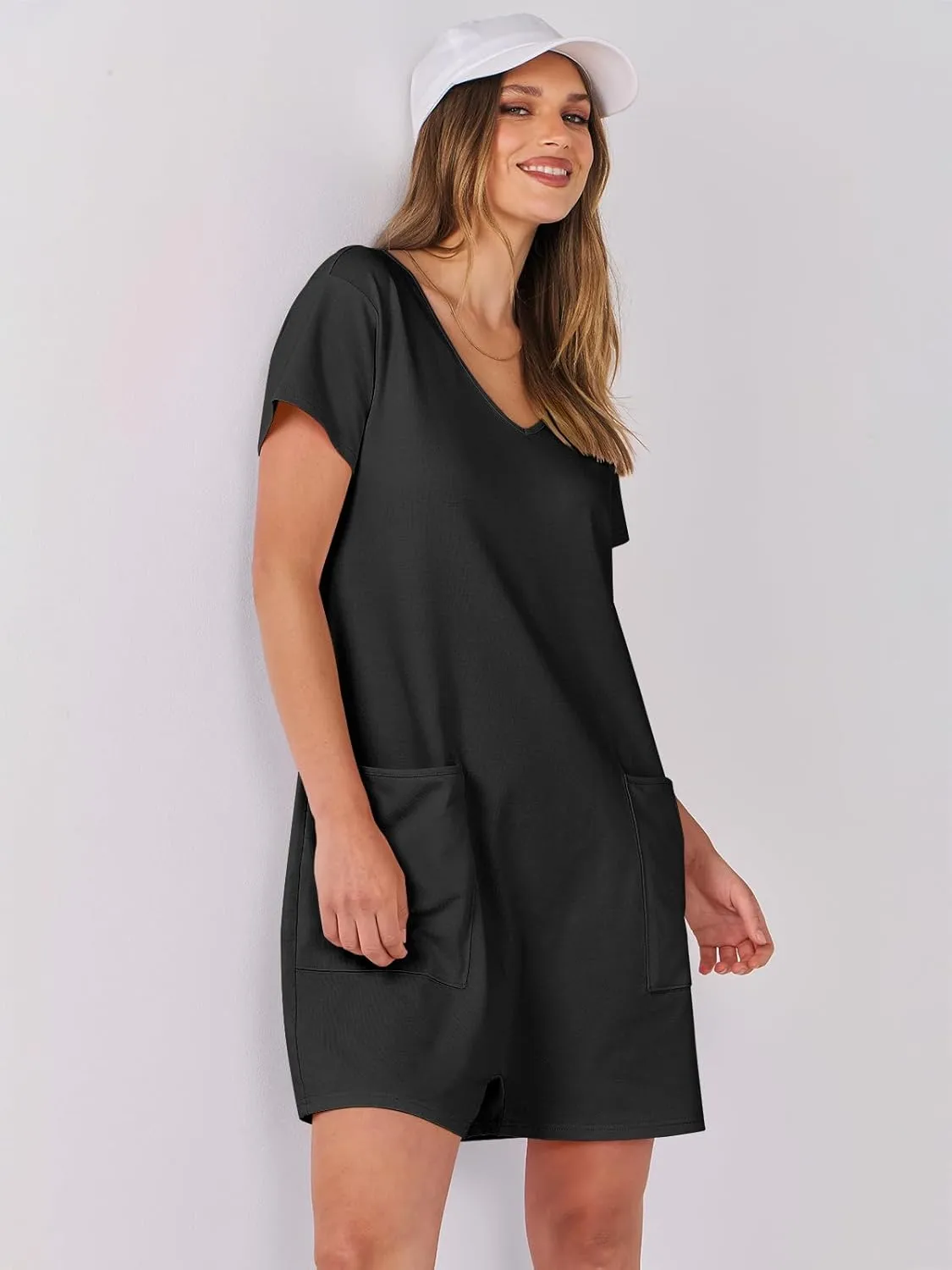 ANRABESS Rompers for Women Summer Casual Short Sleeve Jumpsuits V Neck Loose Fit One Piece Outfits with Pockets 2025 Clothes