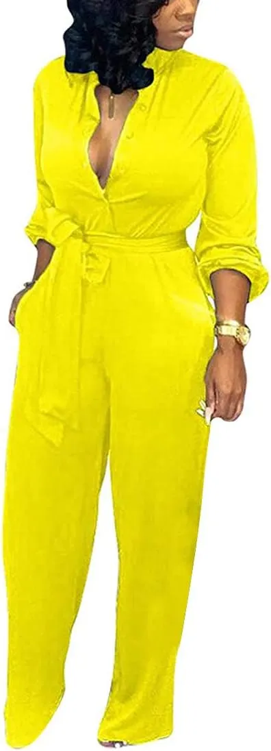 Aro Lora Women's Deep V Neck Long Sleeve Button Down One Piece Wide Leg Jumpsuit Romper