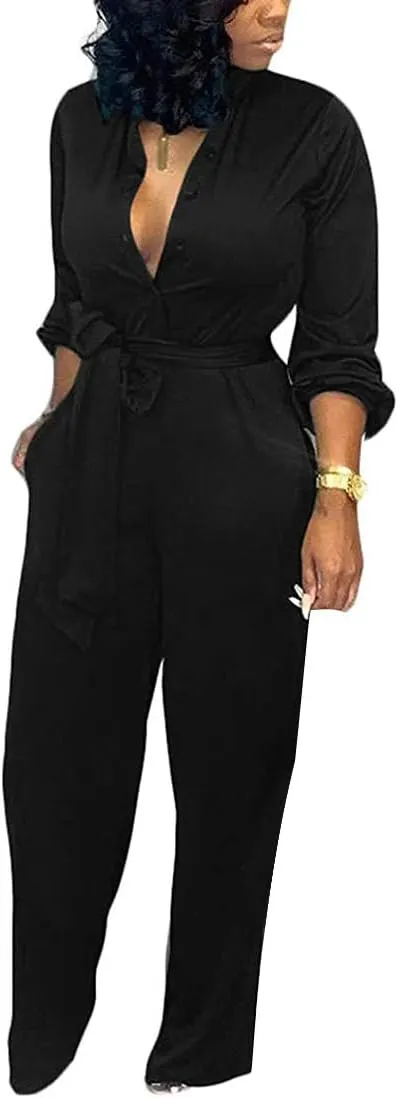 Aro Lora Women's Deep V Neck Long Sleeve Button Down One Piece Wide Leg Jumpsuit Romper