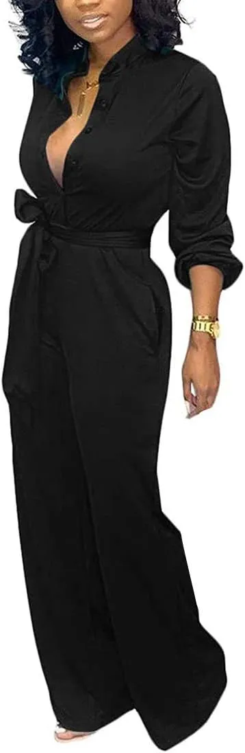 Aro Lora Women's Deep V Neck Long Sleeve Button Down One Piece Wide Leg Jumpsuit Romper