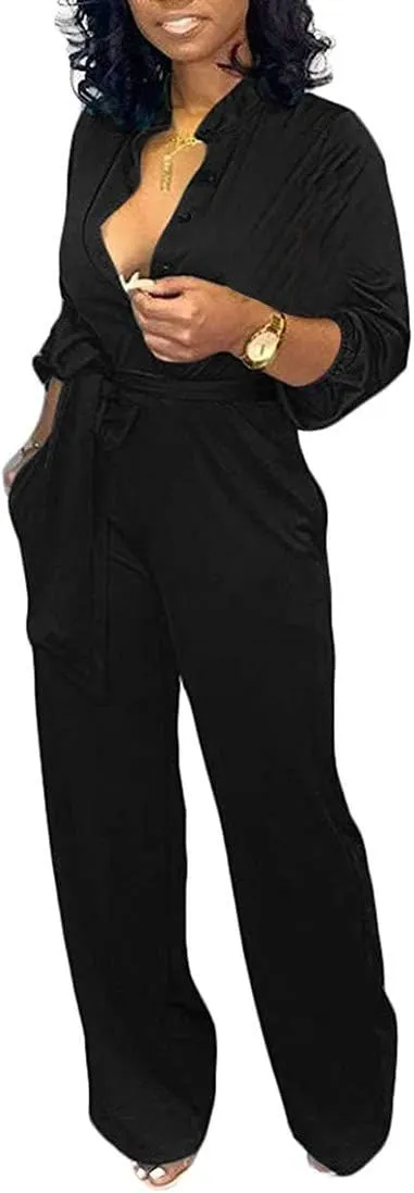 Aro Lora Women's Deep V Neck Long Sleeve Button Down One Piece Wide Leg Jumpsuit Romper