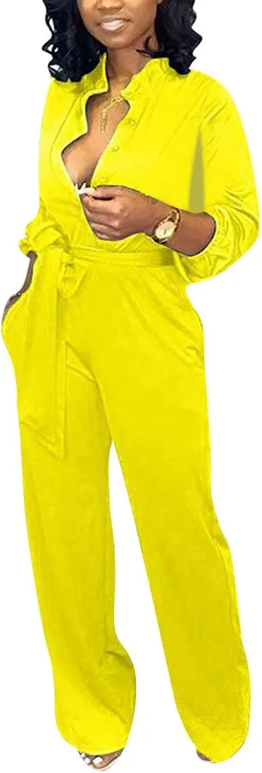 Aro Lora Women's Deep V Neck Long Sleeve Button Down One Piece Wide Leg Jumpsuit Romper
