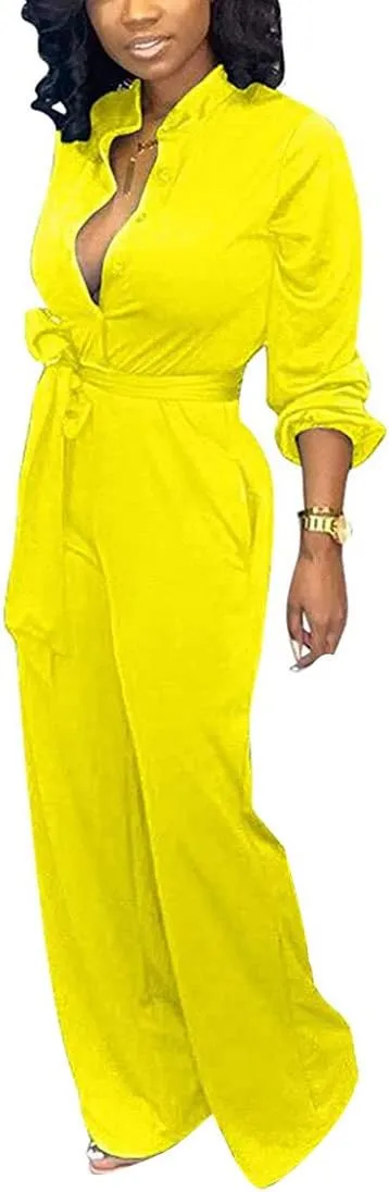 Aro Lora Women's Deep V Neck Long Sleeve Button Down One Piece Wide Leg Jumpsuit Romper