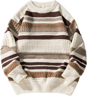 Arssm Mens Vintage Sweater Oversized Striped Knit Sweaters Crewneck Blouses Fall Pullover Tops Color Block Knitwear