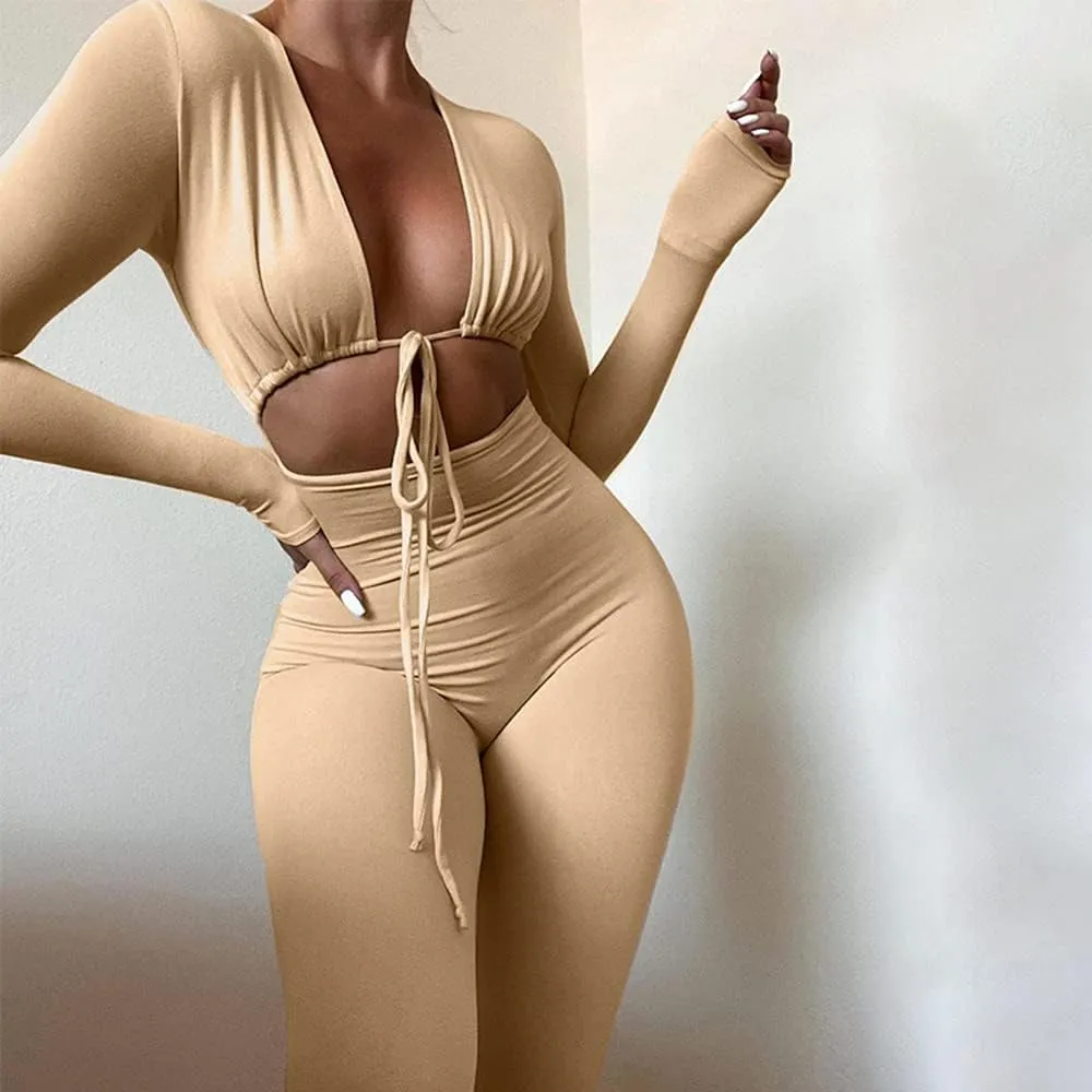 Azhong Women's Sexy Cut Out Bodycon Jumpsuit Lace Up Front V Neck One Piece Outfit Long Sleeve Rompers