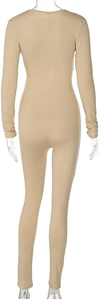 Azhong Women's Sexy Cut Out Bodycon Jumpsuit Lace Up Front V Neck One Piece Outfit Long Sleeve Rompers