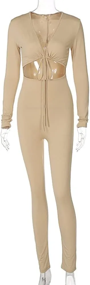 Azhong Women's Sexy Cut Out Bodycon Jumpsuit Lace Up Front V Neck One Piece Outfit Long Sleeve Rompers