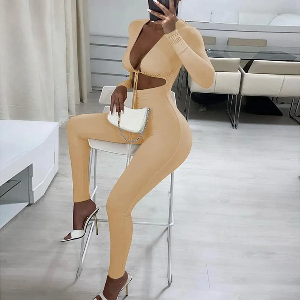 Azhong Women's Sexy Cut Out Bodycon Jumpsuit Lace Up Front V Neck One Piece Outfit Long Sleeve Rompers