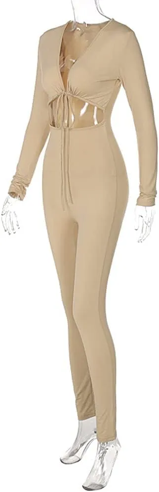 Azhong Women's Sexy Cut Out Bodycon Jumpsuit Lace Up Front V Neck One Piece Outfit Long Sleeve Rompers