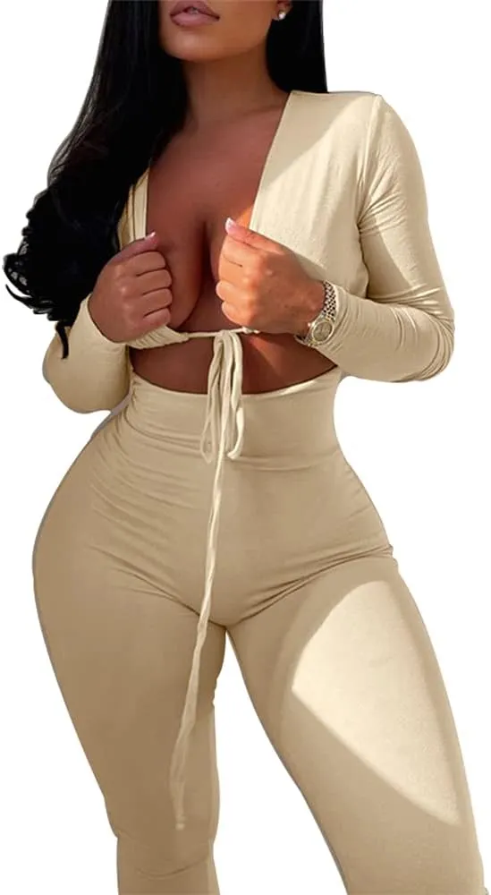 Azhong Women's Sexy Cut Out Bodycon Jumpsuit Lace Up Front V Neck One Piece Outfit Long Sleeve Rompers