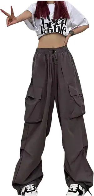 Baggy Cargo Pants Women Drawstring High Waist Parachute Pants Loose Jogger Straight Wide Leg Y2K Trousers Streetwear