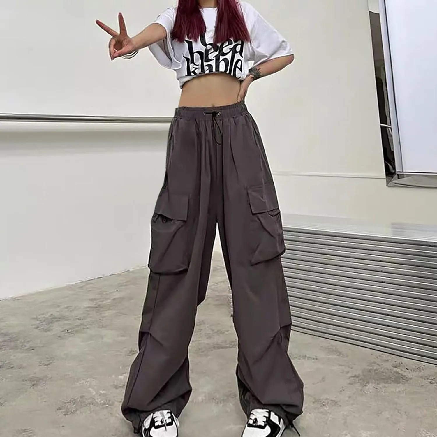 Baggy Cargo Pants Women Drawstring High Waist Parachute Pants Loose Jogger Straight Wide Leg Y2K Trousers Streetwear