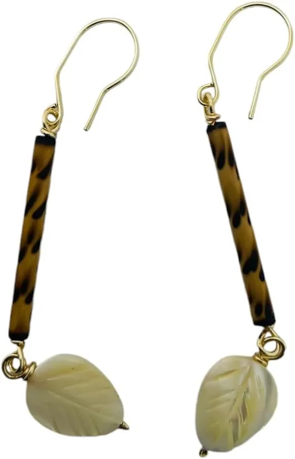 Bajan Bamboo Drop Earrings with Gold-Plated Wire and Mother of Pearl Charms. Handmade in Barbados.