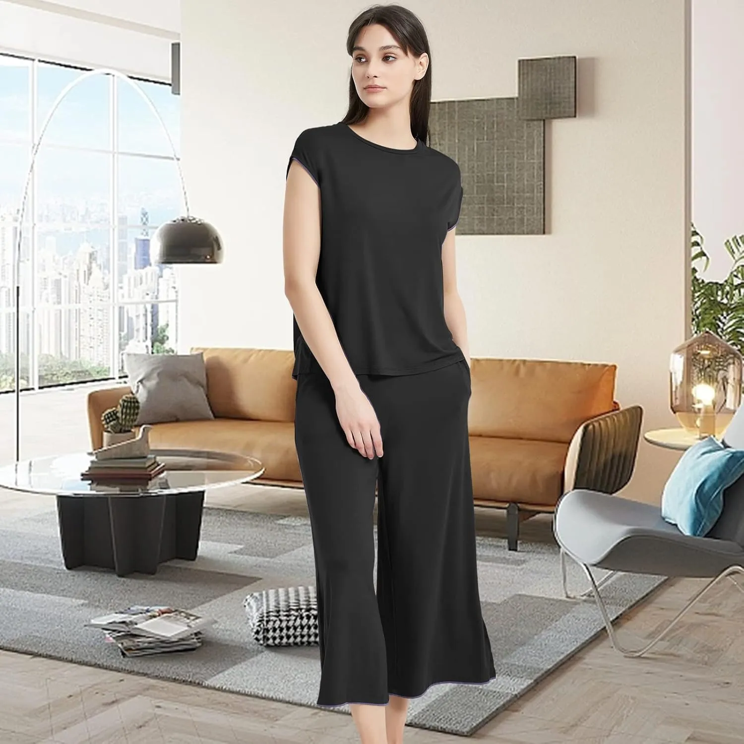 Bamboo Viscose Pajamas for Women Set, 2 Piece Soft Capri Pants Cap Sleeve Top Lounge Set, Comfy Loungewear Sleepwear PJs