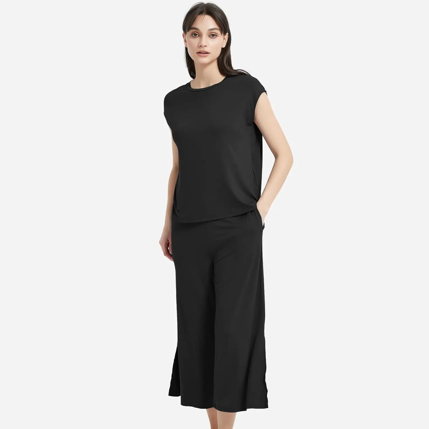 Bamboo Viscose Pajamas for Women Set, 2 Piece Soft Capri Pants Cap Sleeve Top Lounge Set, Comfy Loungewear Sleepwear PJs