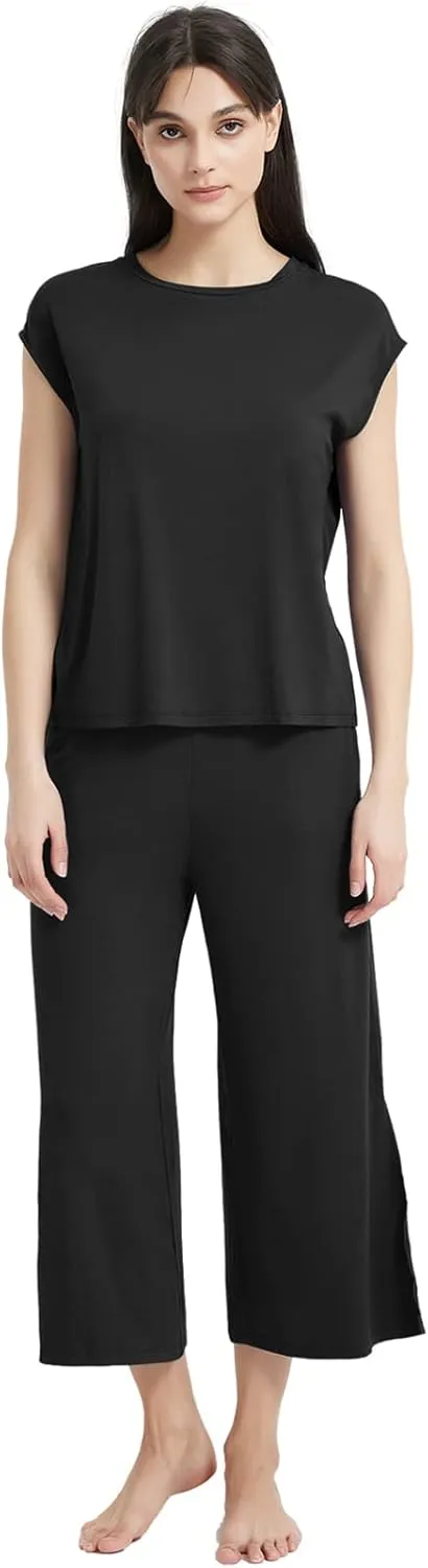 Bamboo Viscose Pajamas for Women Set, 2 Piece Soft Capri Pants Cap Sleeve Top Lounge Set, Comfy Loungewear Sleepwear PJs