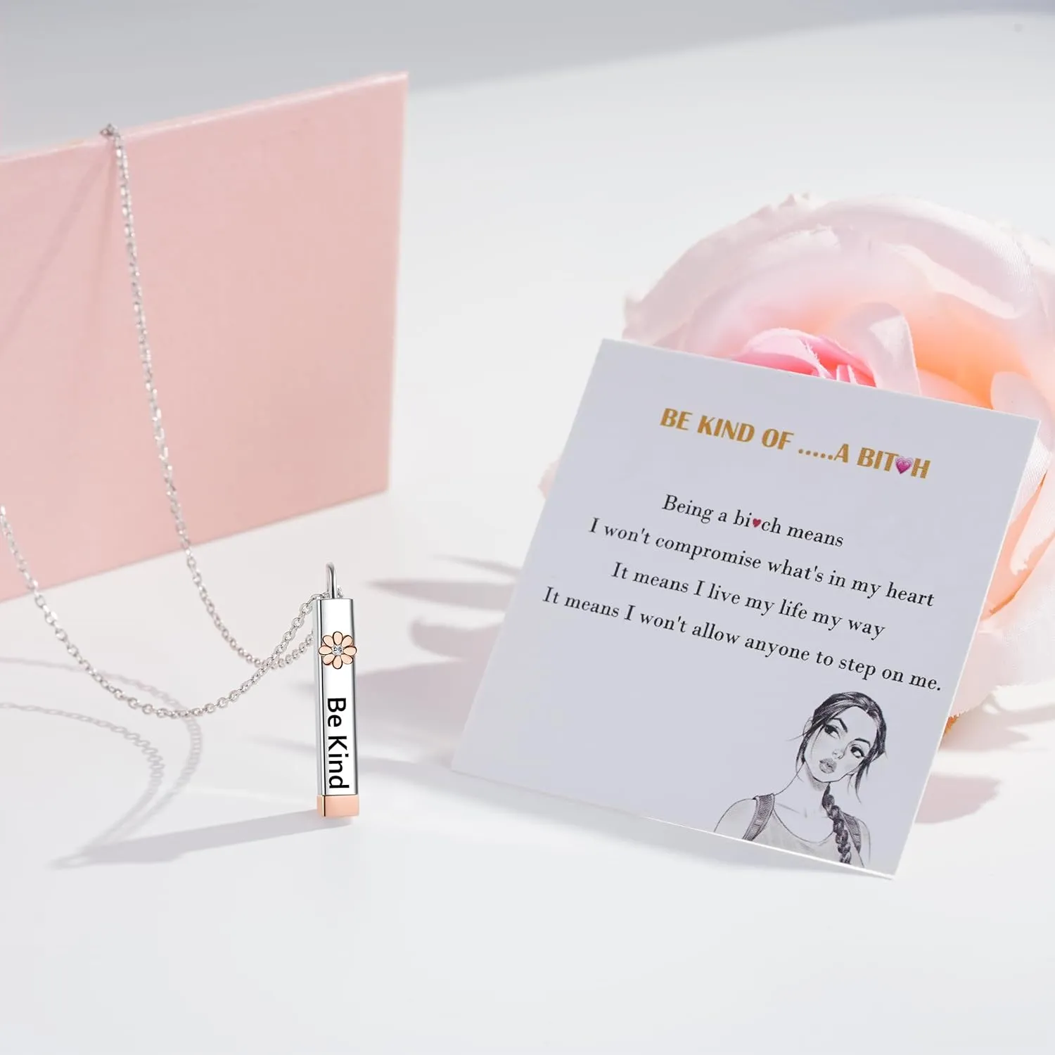 Be Kind of A B Necklace for Women:925 Sterling Silver Hidden Message Necklace-Rose Gold/14k Gold/Silver 3D Vertical Bar Pendant Best Friends Sisters Friendship Sorority Jewelry Gifts