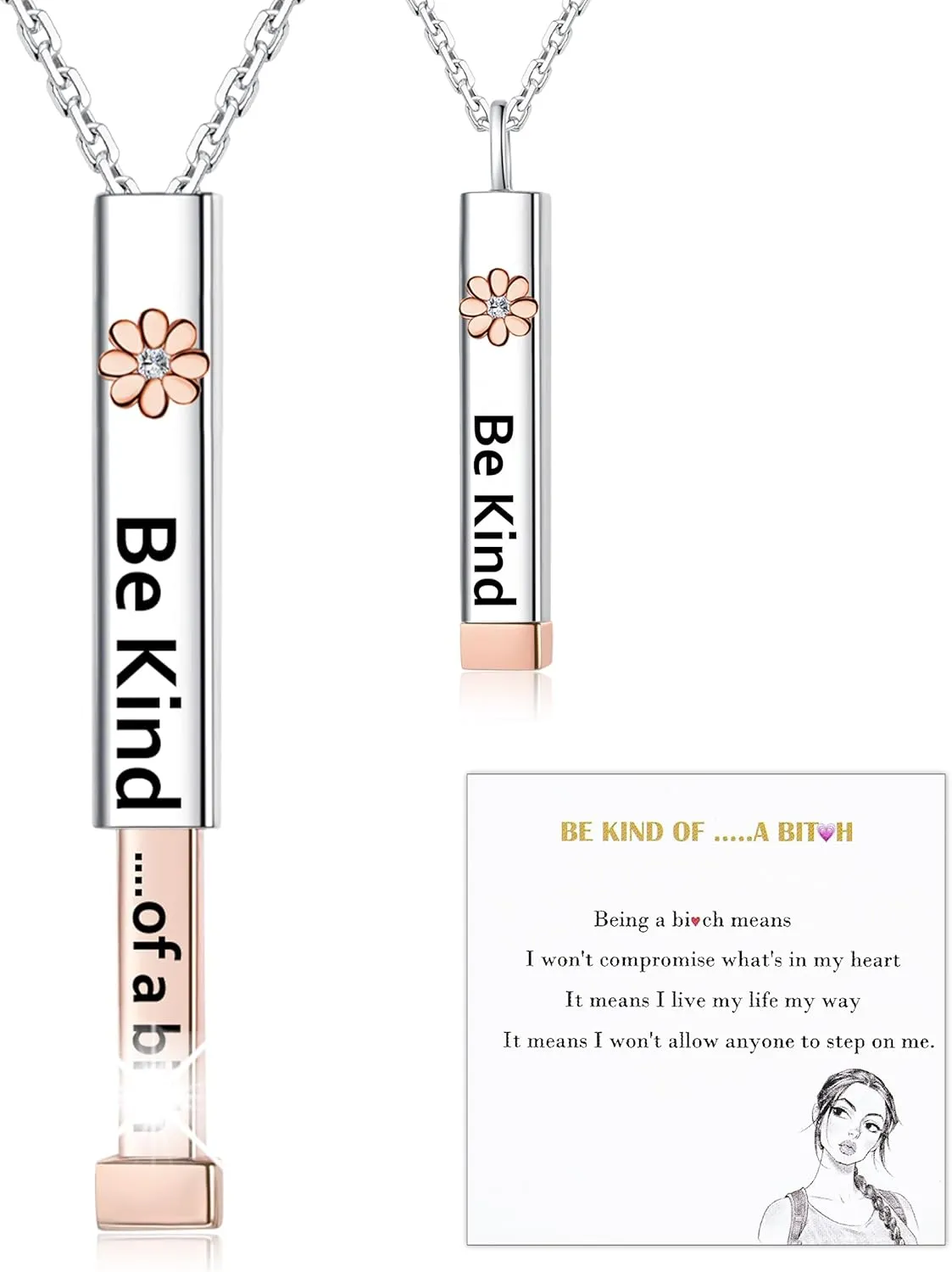 Be Kind of A B Necklace for Women:925 Sterling Silver Hidden Message Necklace-Rose Gold/14k Gold/Silver 3D Vertical Bar Pendant Best Friends Sisters Friendship Sorority Jewelry Gifts