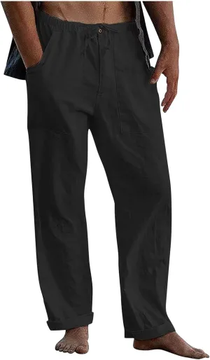 Beach Linen Pants for Men Drawstring Plus Size Linen Pants Lightweight Elastic WAIS Yoga Pants with Pockets Lounge Pants