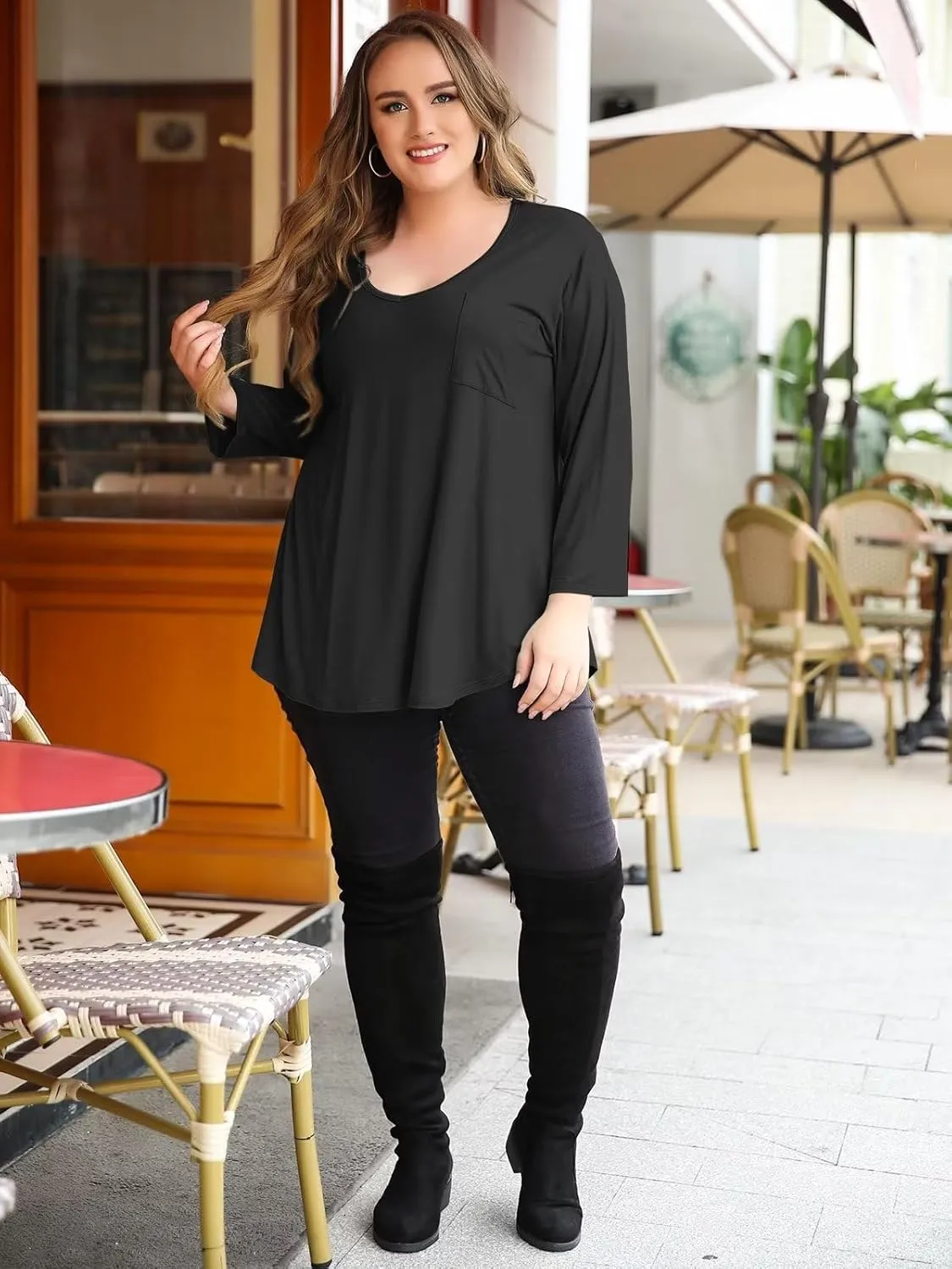 BELAROI Womens Plus Size Tunic Tops 3/4 Sleeve V Neck T Shirts Basic Tee Loose Blouses with Pocket