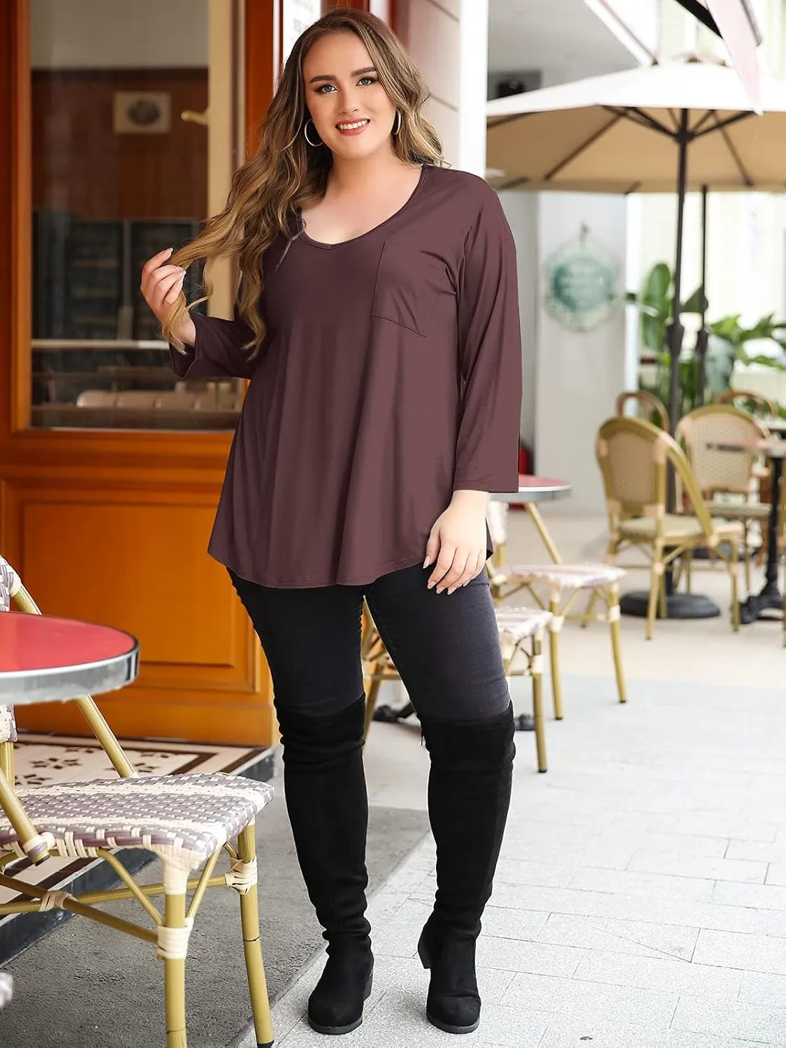 BELAROI Womens Plus Size Tunic Tops 3/4 Sleeve V Neck T Shirts Basic Tee Loose Blouses with Pocket