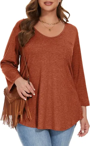 BELAROI Womens Plus Size Tunic Tops 3/4 Sleeve V Neck T Shirts Basic Tee Loose Blouses with Pocket